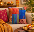Cushion Cover Multicolour 16 x 16 inches Handcrafted Festive Heritage Printed Patchwork Kantha Embroidered Soft Silk