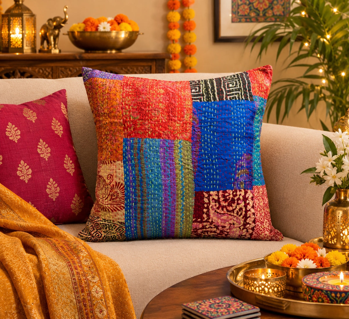 Cushion Cover Multicolour 16 x 16 inches Handcrafted Festive Heritage Printed Patchwork Kantha Embroidered Soft Silk