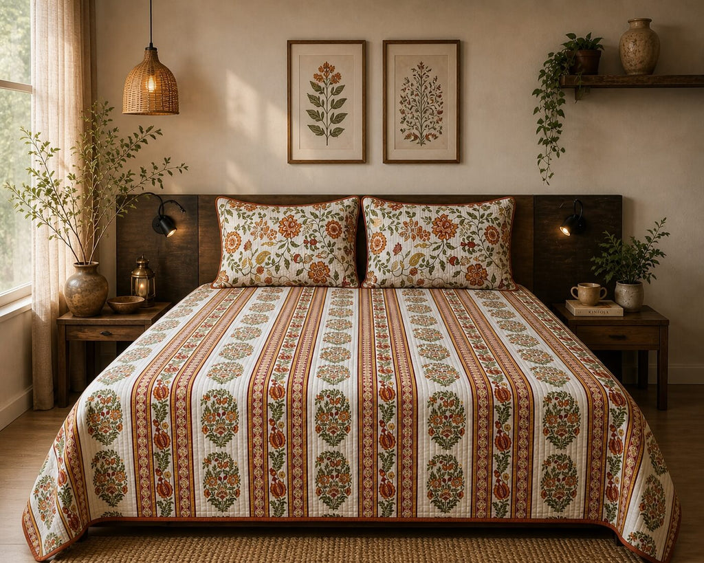 Phool Baari Jaipur-Block Printed- 100% Cotton -  Bed Cover-Quilt-King Size White-Rust 90"x108"