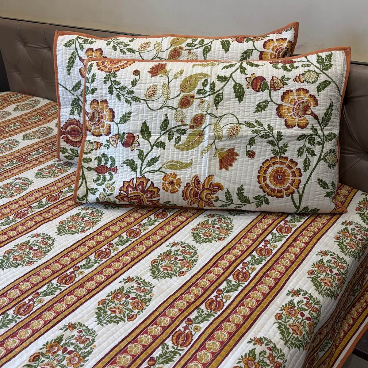 Phool Baari Jaipur-Block Printed- 100% Cotton -  Bed Cover-Quilt-King Size White-Rust 90"x108"