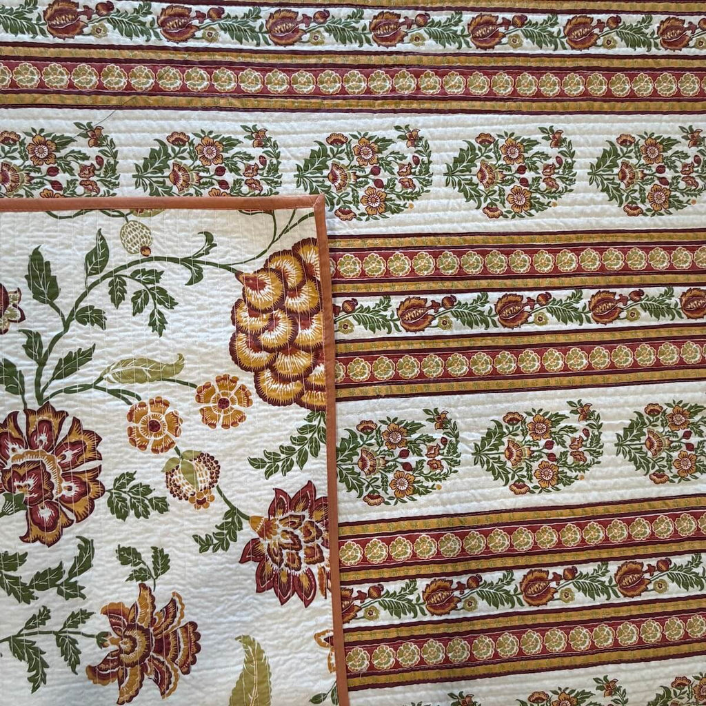 Phool Baari Jaipur-Block Printed- 100% Cotton -  Bed Cover-Quilt-King Size White-Rust 90"x108"