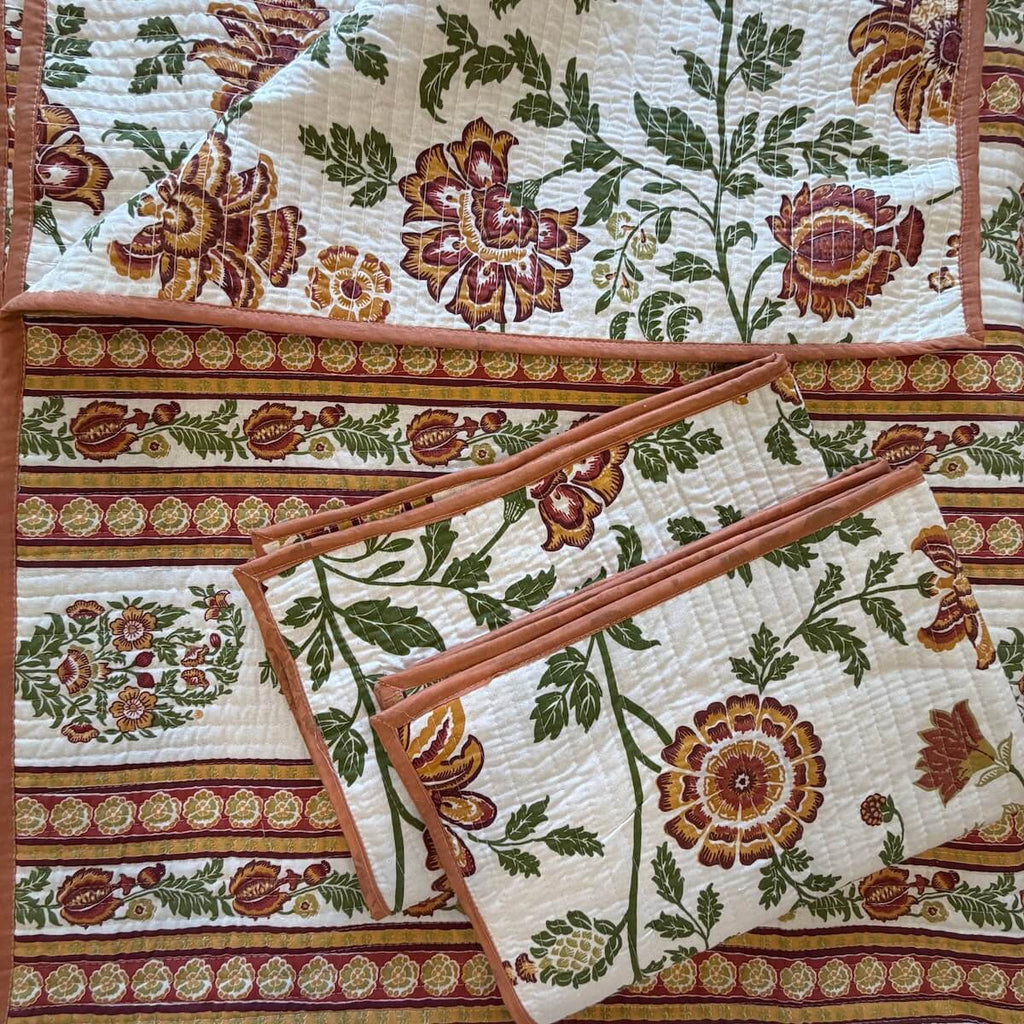 Phool Baari Jaipur-Block Printed- 100% Cotton -  Bed Cover-Quilt-King Size White-Rust 90"x108"