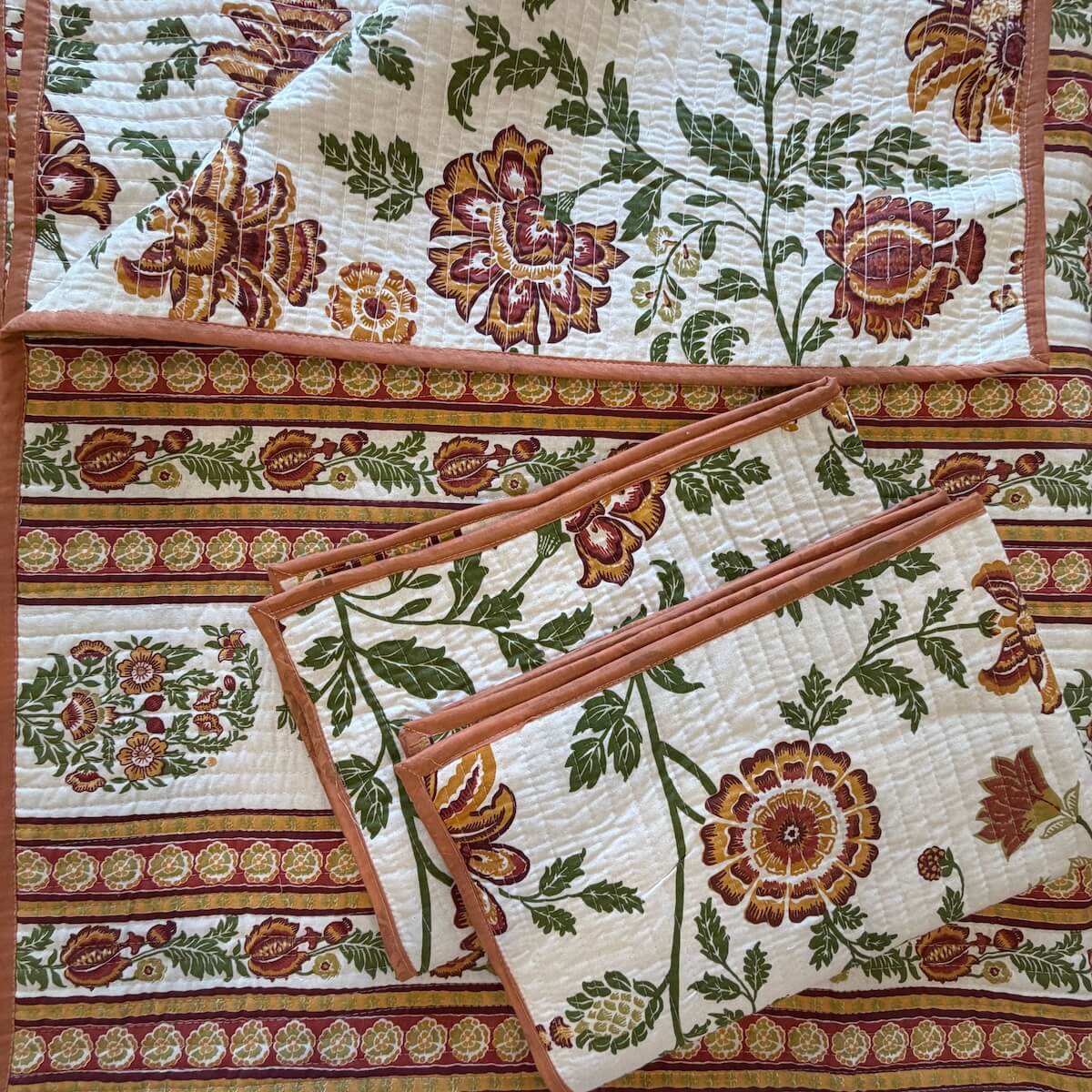 Phool Baari Jaipur-Block Printed- 100% Cotton -  Bed Cover-Quilt-King Size White-Rust 90"x108"