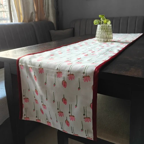 Pichwai Petal Bliss Printed White Pink Polyester Canvas Table Runner 4 Seater Size 13"x72"