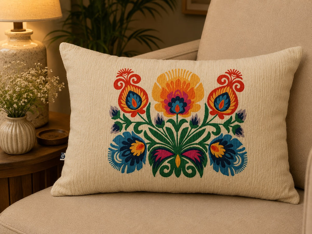 Classic Polaska Floral Printed Offwhite Polyester Lumbar Cushion Cover with filler 12 x 18 inch