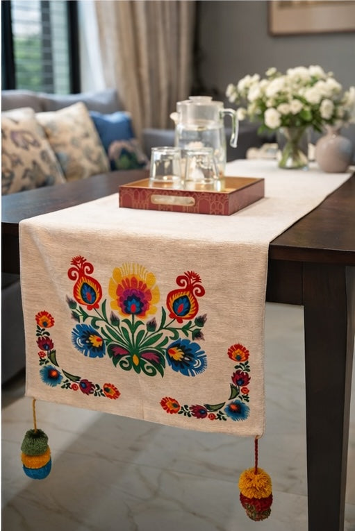 Polska Motif Chenille Table Runner 14” x 72” | Cream Decorative Dining Table Runner with Pom-Poms
