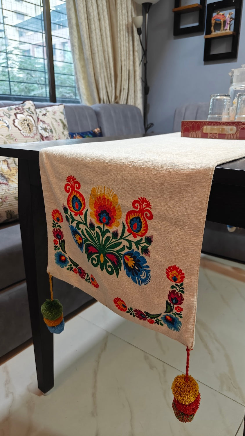 Polska Motif Chenille Table Runner 14” x 72” | Cream Decorative Dining Table Runner with Pom-Poms