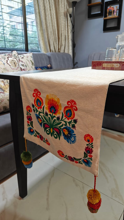 Polska Motif Chenille Table Runner 14” x 72” | Cream Decorative Dining Table Runner with Pom-Poms