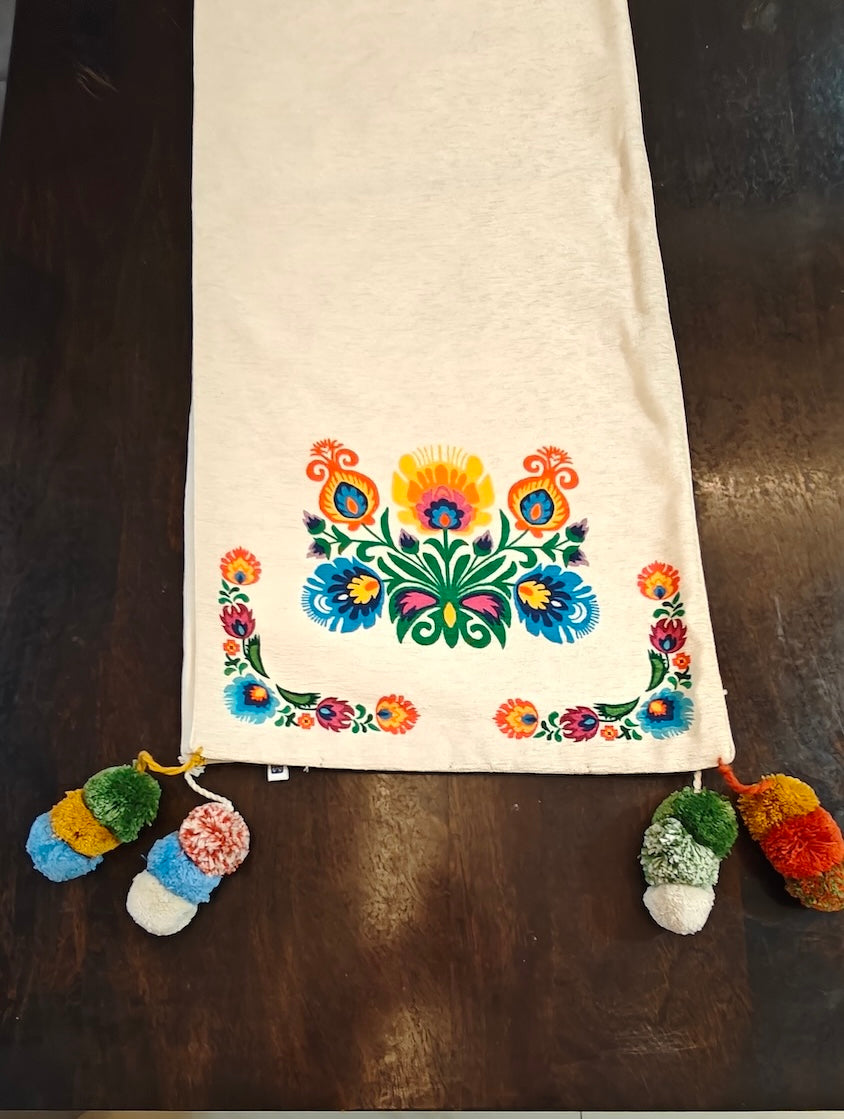 Polska Motif Chenille Table Runner 14” x 72” | Cream Decorative Dining Table Runner with Pom-Poms