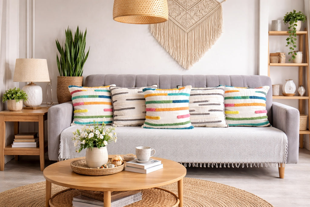 Boho Textured Rainbow Elegance Cotton Cushion Cover Multicolour Set of 5 16 x 16 inch