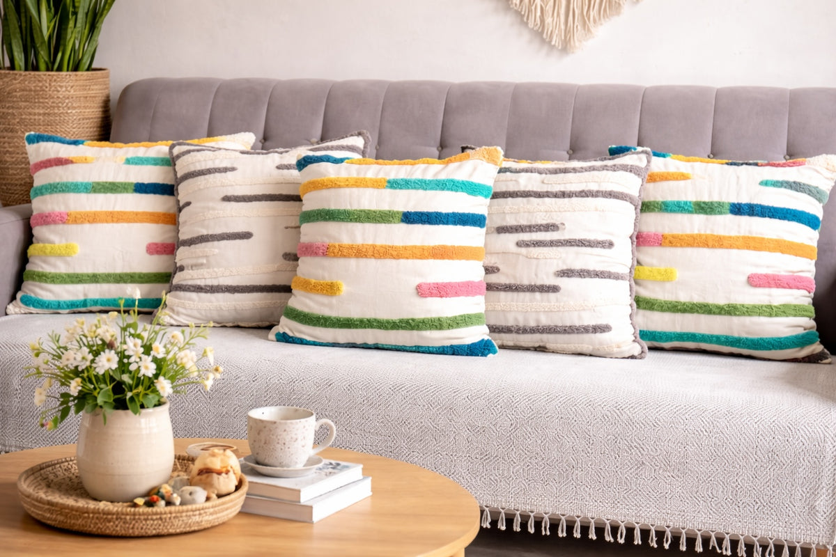 Boho Textured Rainbow Elegance Cotton Cushion Cover Multicolour Set of 5 16 x 16 inch