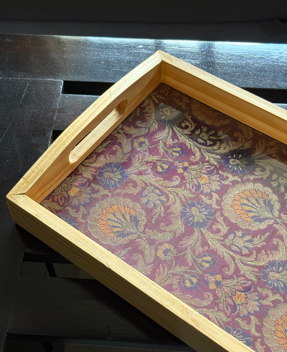 Handcrafted Traditional Festive Rajwada Resham Brocade Upcycled Fabric Wooden Rectangular Tray – 14" x 8.5"