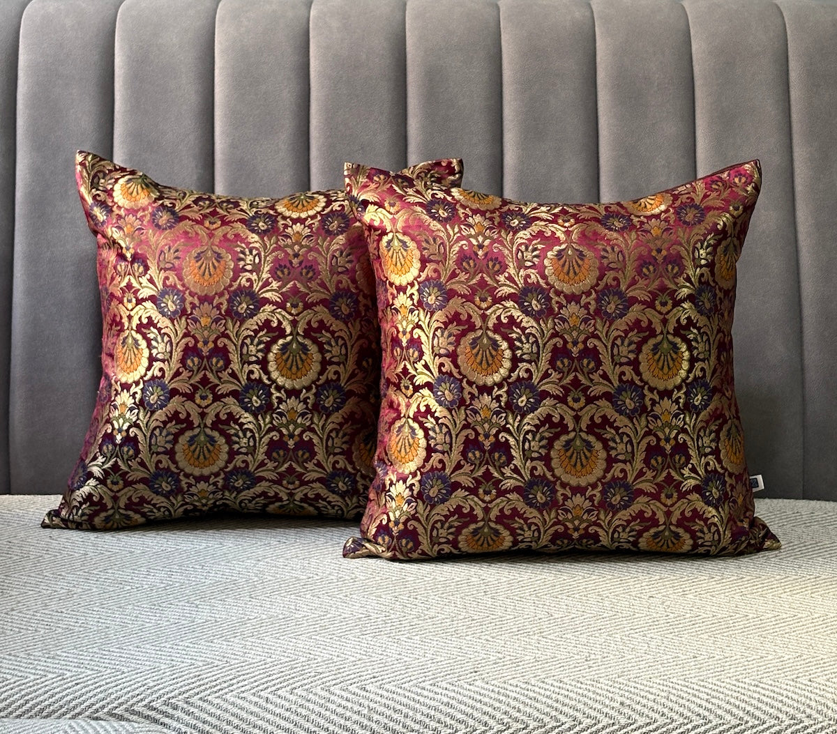 Rajwada Resham  Purple-Wine- Banarasi Brocade- Cushion Cover Set of 2- 16"x16"