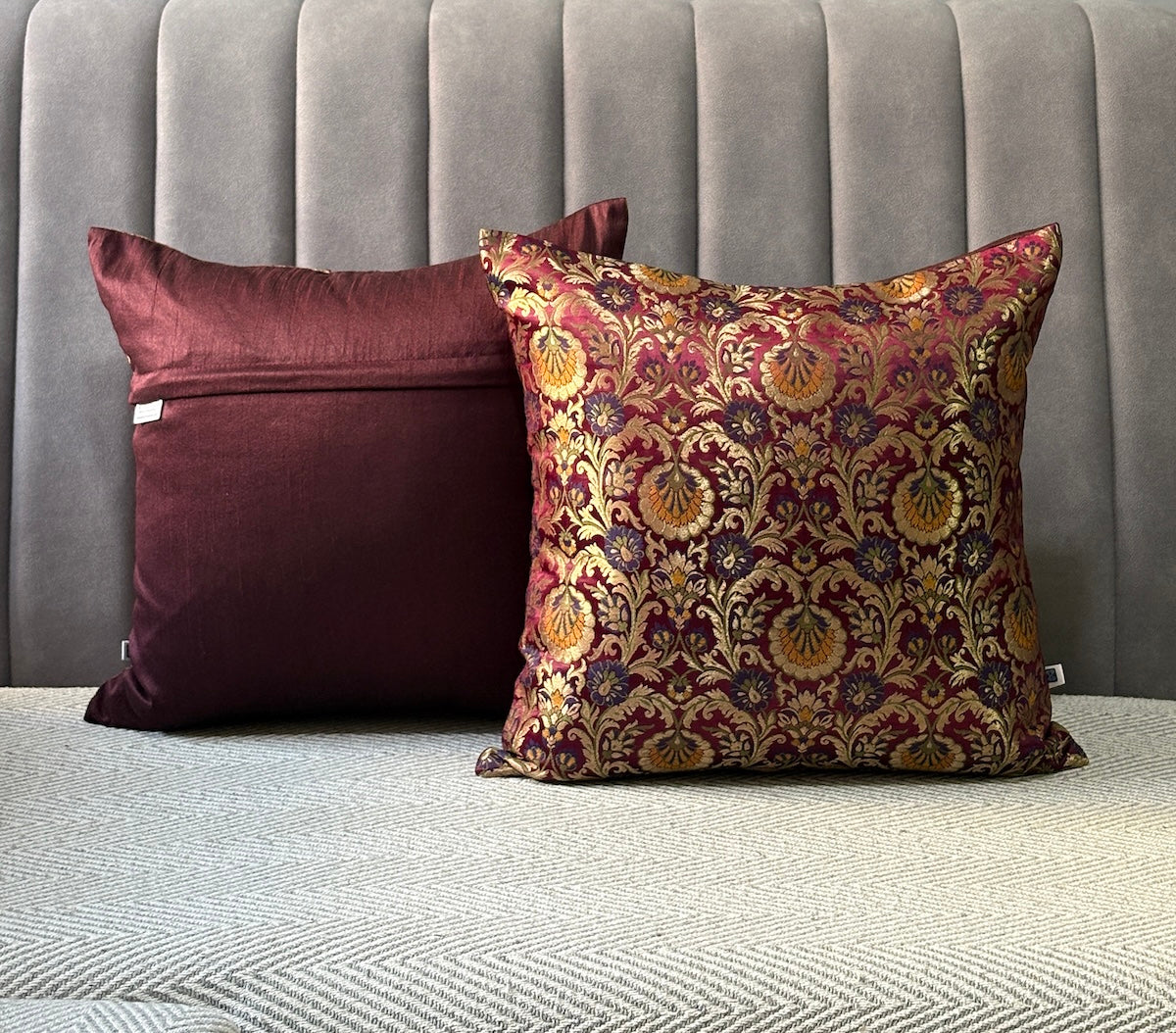 Rajwada Resham  Purple-Wine- Banarasi Brocade- Cushion Cover Set of 2- 16"x16"