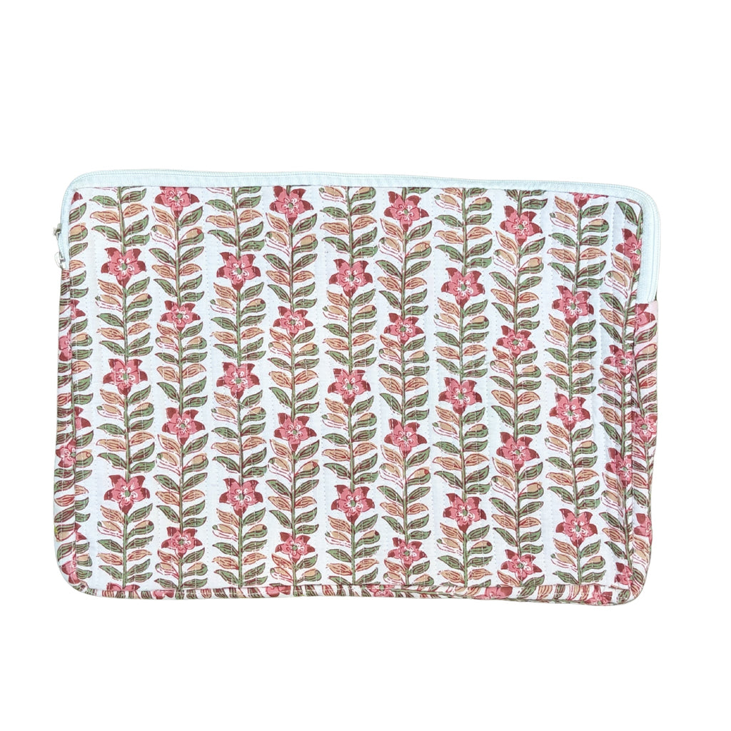 Rani Vines Block Print Quilted  Cotton Laptop Sleeve with Front Pocket Peach 10"x15"
