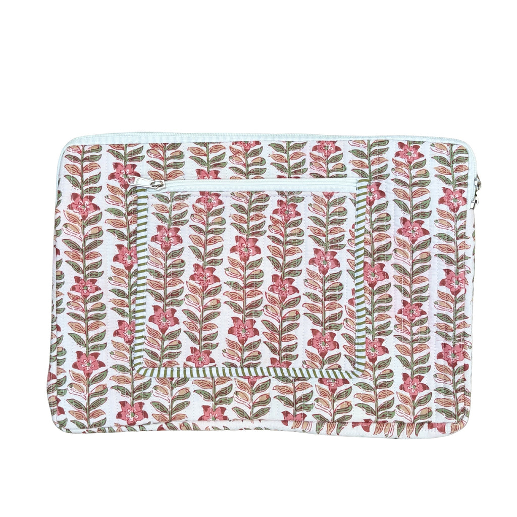 Rani Vines Block Print Quilted  Cotton Laptop Sleeve with Front Pocket Peach 10"x15"