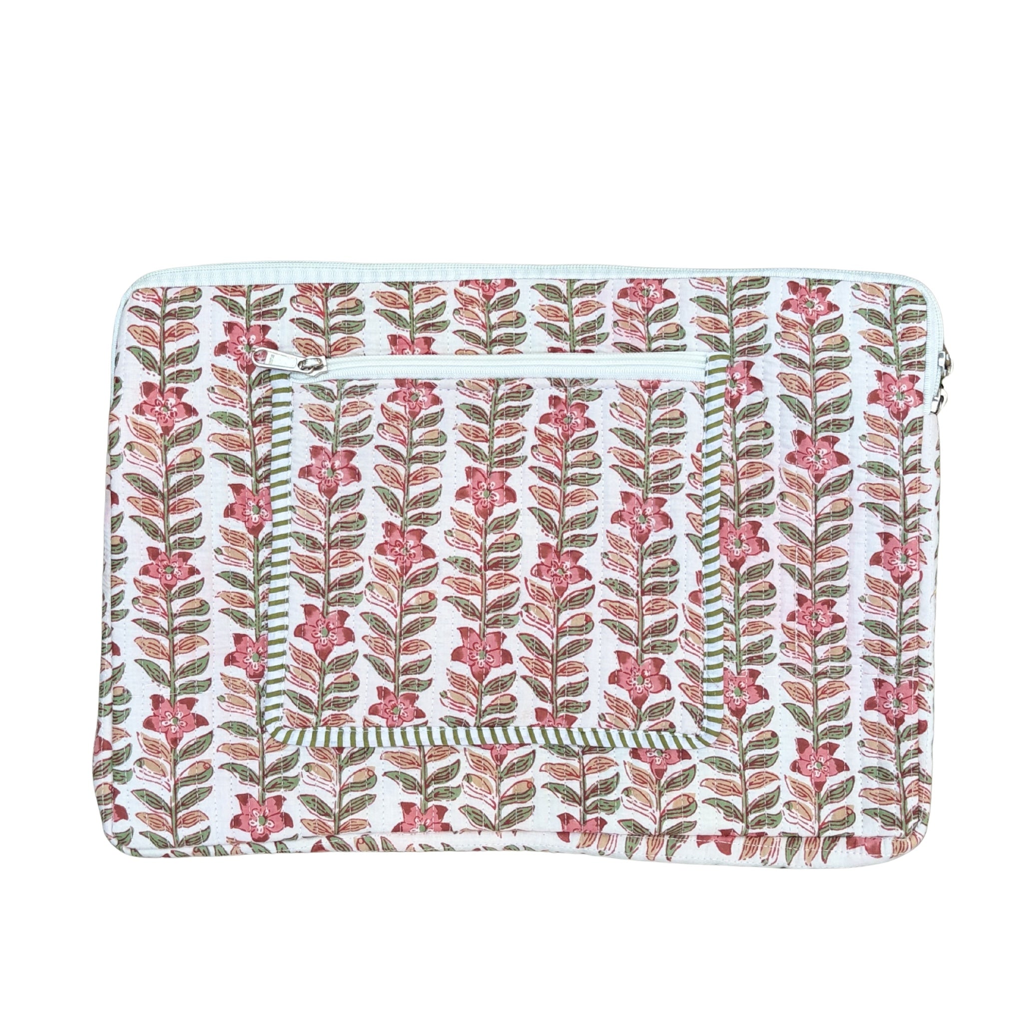 Rani Vines Block Print Quilted  Cotton Laptop Sleeve with Front Pocket Peach 10"x15"