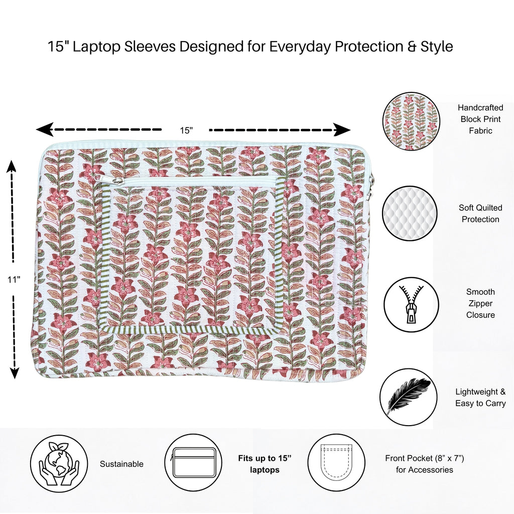 Rani Vines Block Print Quilted  Cotton Laptop Sleeve with Front Pocket Peach 10"x15"