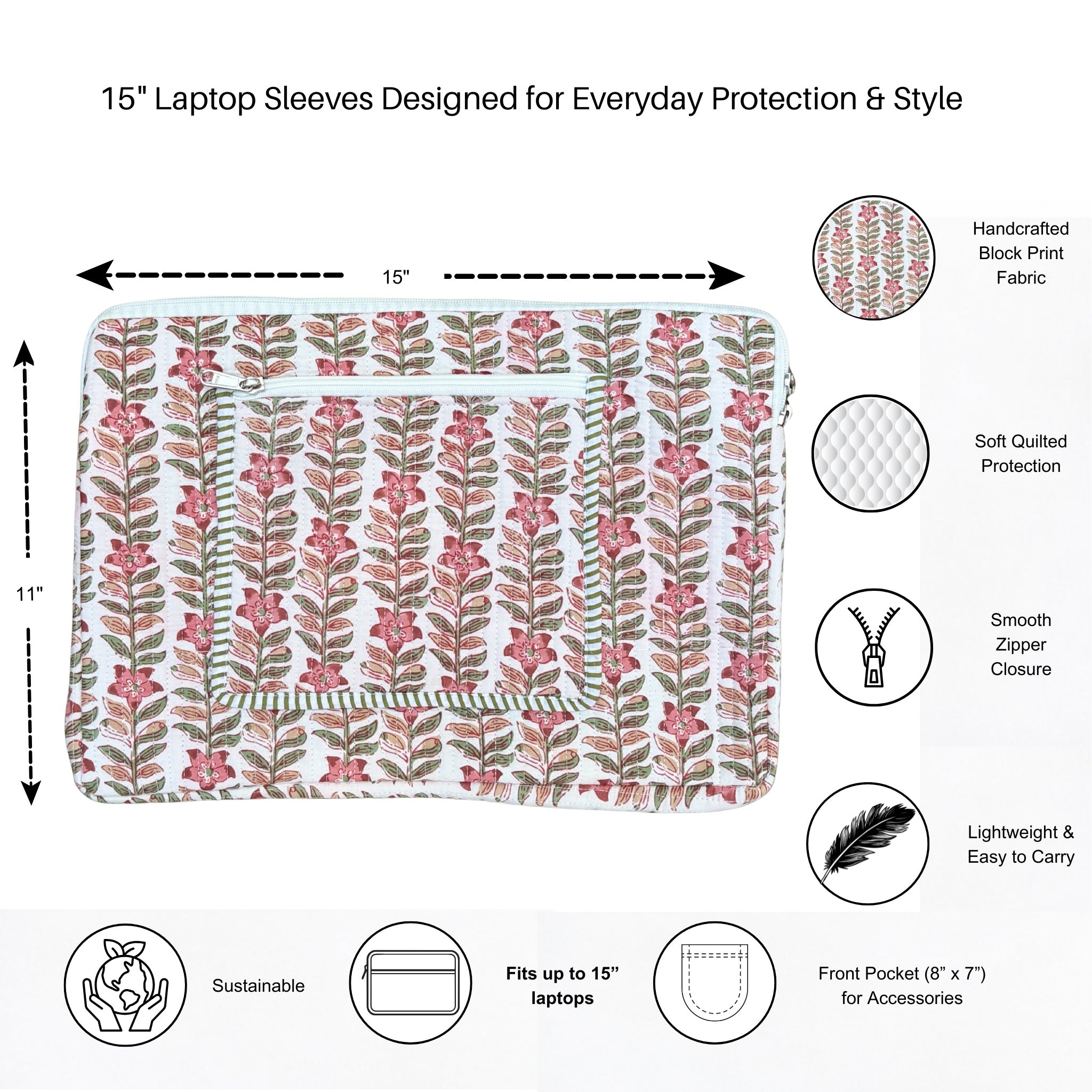Rani Vines Block Print Quilted  Cotton Laptop Sleeve with Front Pocket Peach 10"x15"