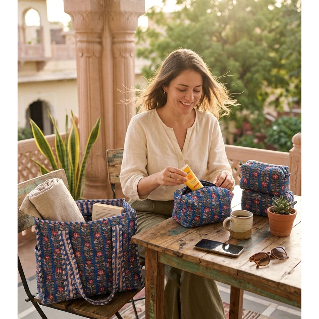Rani Vines  Block Print Quilted  Cotton Tote Bag With Pouch Set of 4 Blue  15"x15"