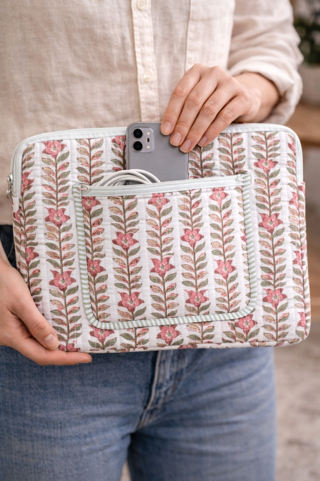 Rani Vines Block Print Quilted  Cotton Laptop Sleeve with Front Pocket Peach 10"x15"