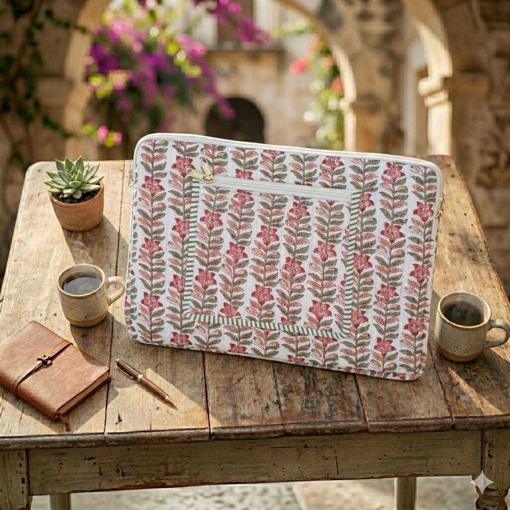 Rani Vines Block Print Quilted  Cotton Laptop Sleeve with Front Pocket Peach 10"x15"