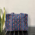 Rani Vines  Block Print Quilted  Cotton Tote Bag With Pouch Set of 4 Blue  15"x15"