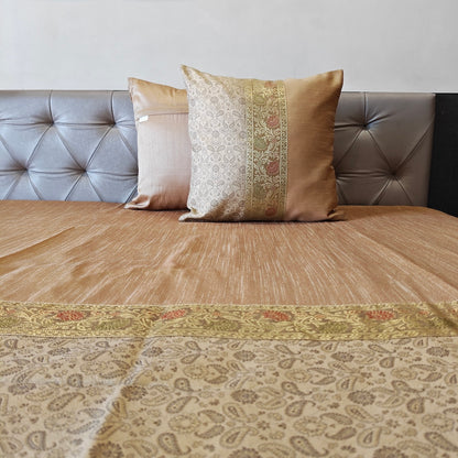 Regal Gold Tanchui Beige Banarasi Brocade Bedcover & Cushion Cover Set