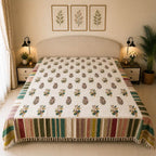 Rekha Bel Jaipur - Hand Block - Printed - 100% Cotton -  Bed Cover- King Size  Offwhite-Multicolour 90"x108"