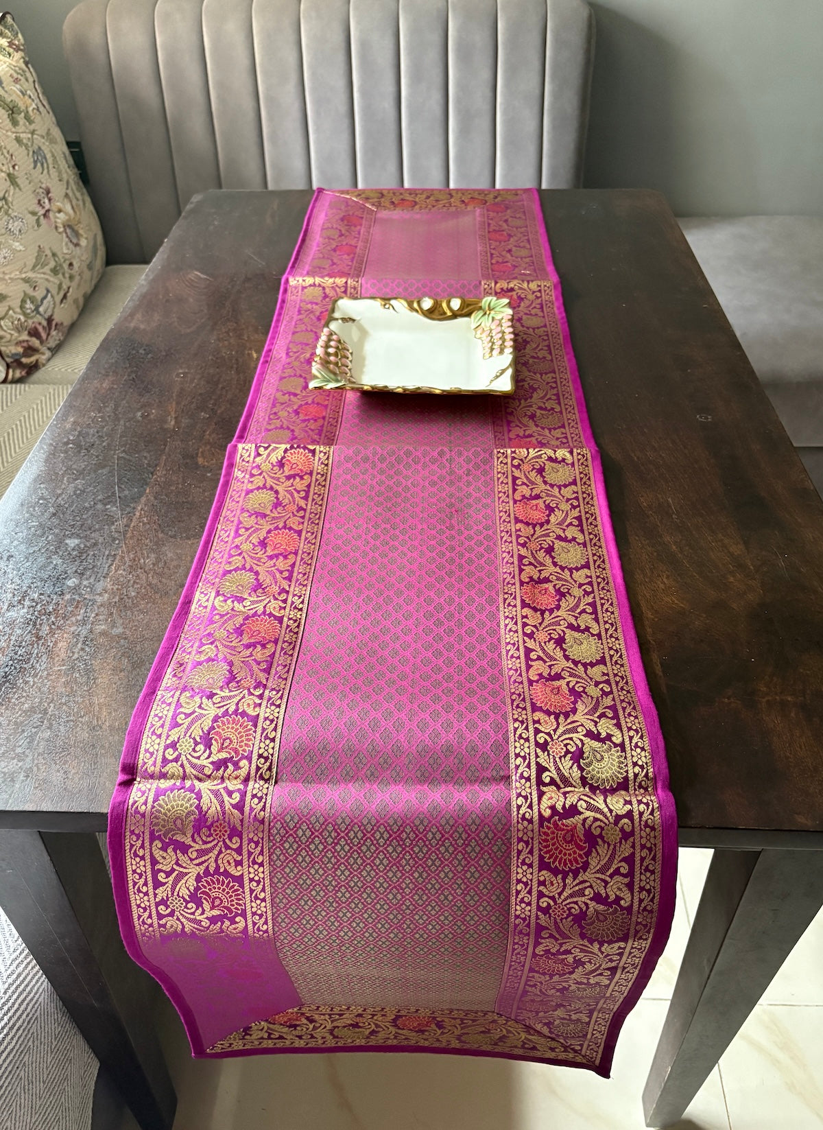 Royal Zari Traditional  Festive Brocade Purple Table Runner 14"x60"