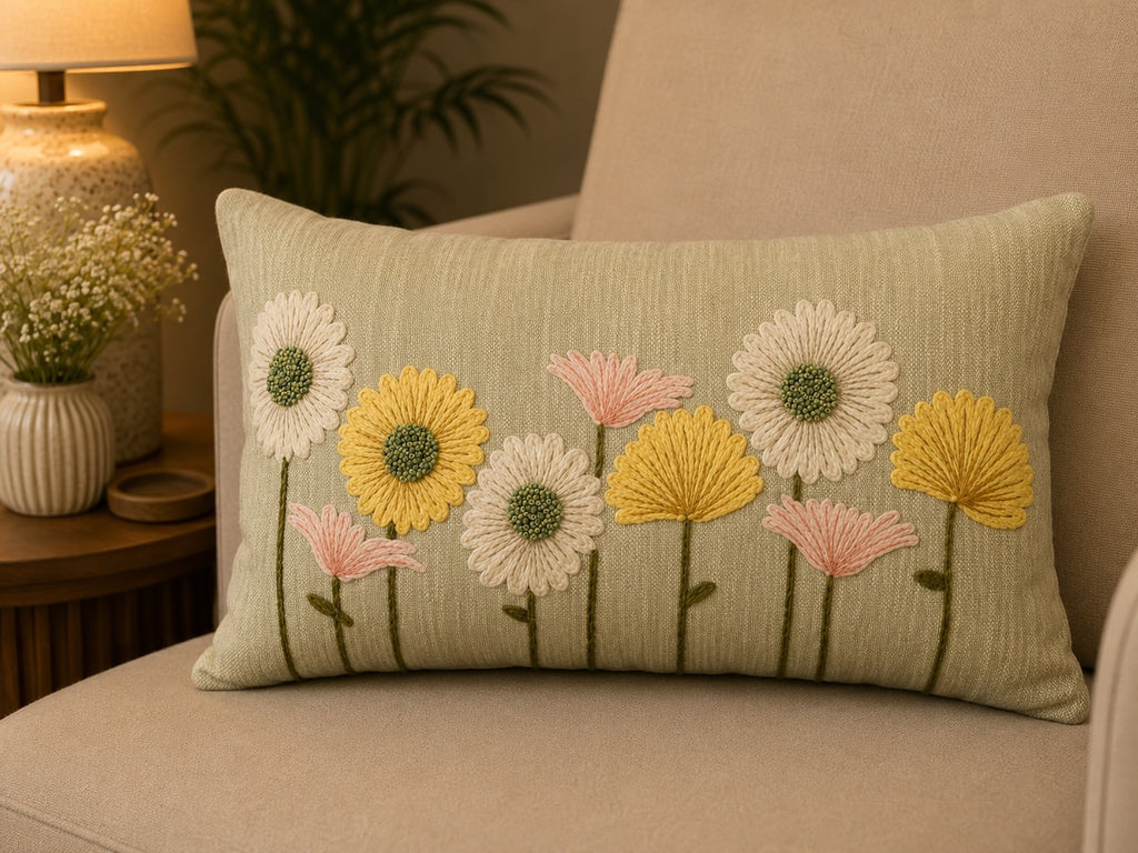 Handcrafted Decorative Floral Embroidered Beige Cotton Lumbar Cushion Cover with filler 12 x 20 inch