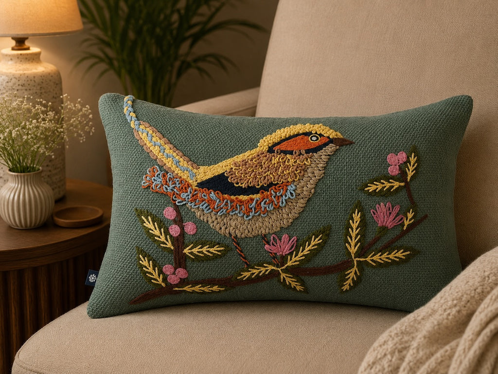 Handcrafted Decorative Chirpy Bird Embroidered Blue_Green Cotton Lumbar Cushion Cover with filler 12 x 18 inch