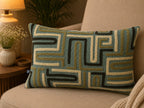 Boho Tufted Darwin Embroidered Blue_Green Cotton Lumbar Cushion Cover with filler 12 x 20 inch