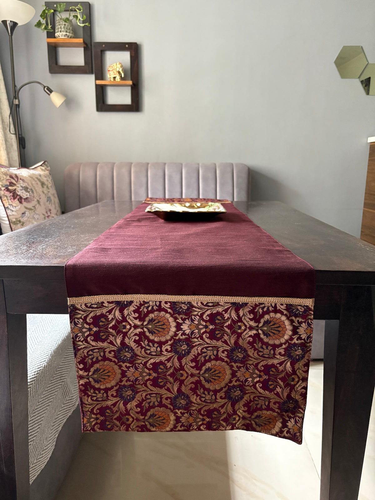 Rajwada Resham Brocade Traditional Festive Purple Wine Table Runner 14"x60"