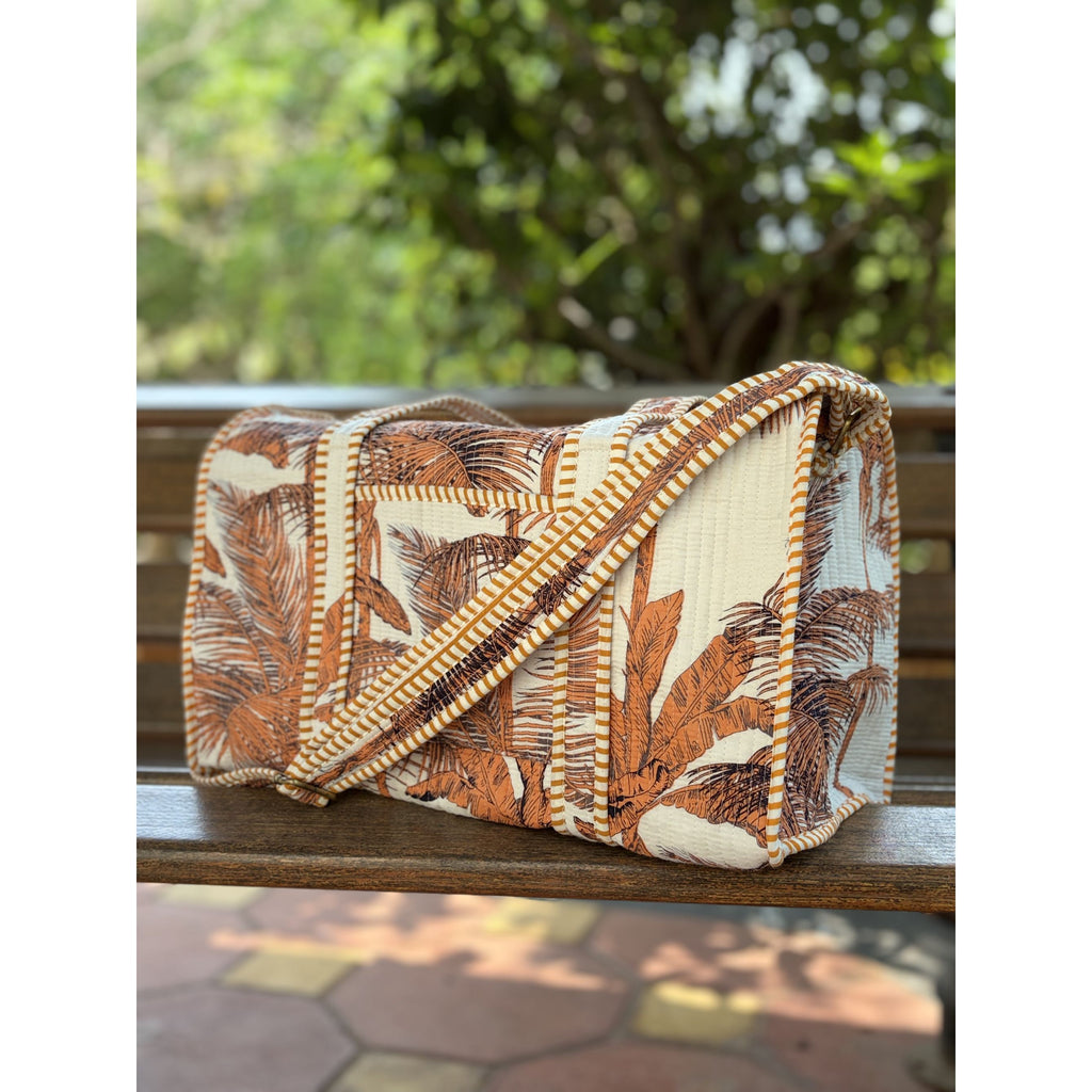 Teracotta Tropic  Block Print Quilted  Cotton Weekender Duffle Bag with Sling Belt Rust 18'x18"