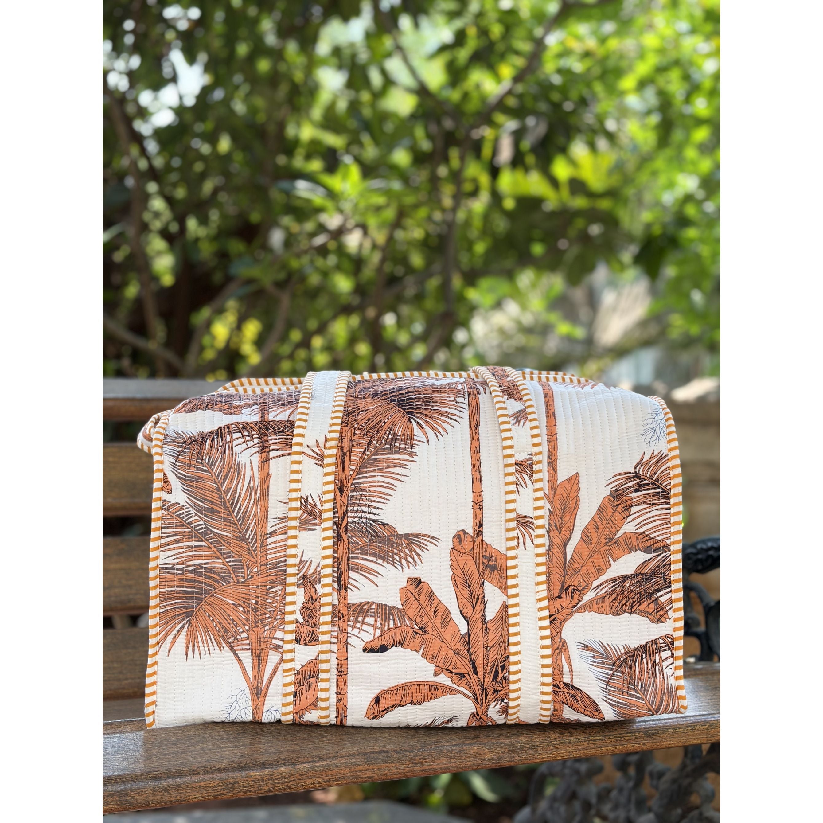 Teracotta Tropic  Block Print Quilted  Cotton Weekender Duffle Bag with Sling Belt Rust 18'x18"