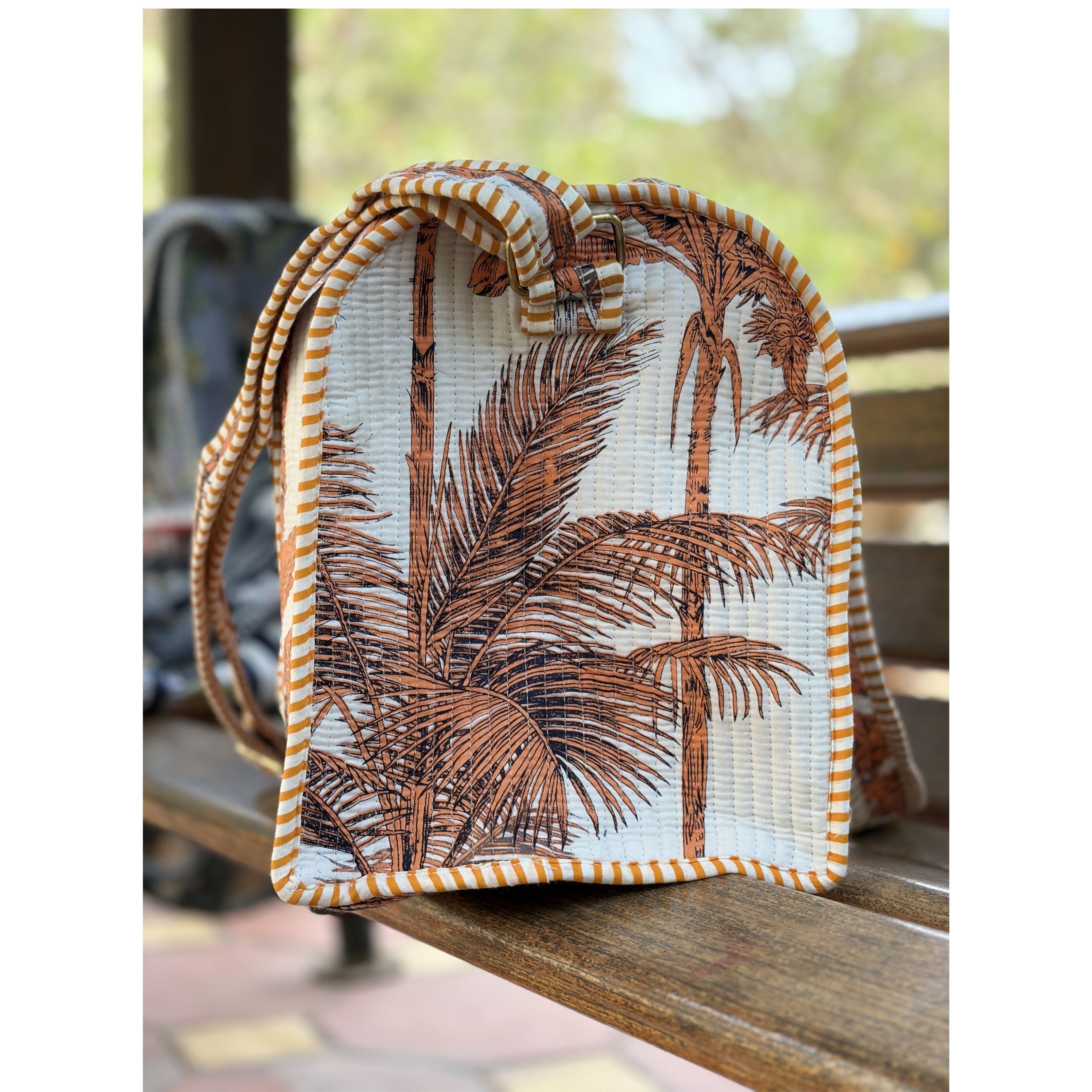 Teracotta Tropic  Block Print Quilted  Cotton Weekender Duffle Bag with Sling Belt Rust 18'x18"
