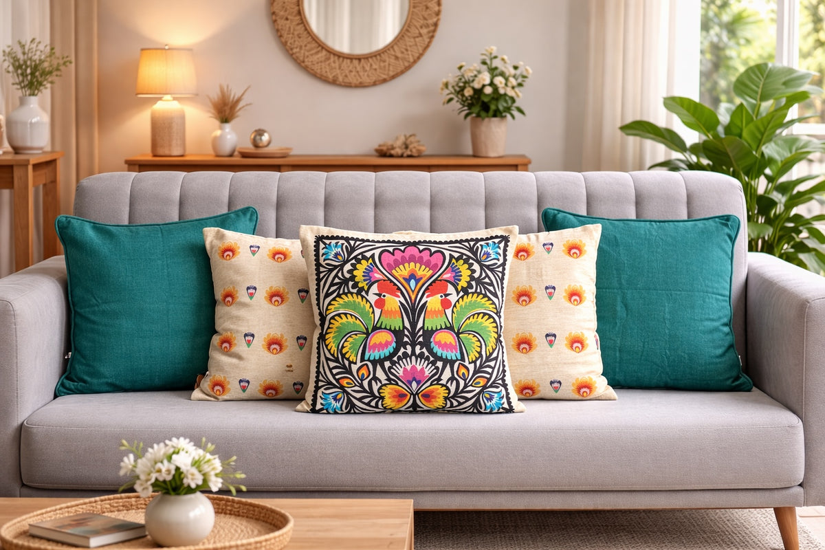 Funky Polaska Minimal Bright Printed Cotton & Chenille Cushion Cover Multicolour Set of 5 16 x 16 inch