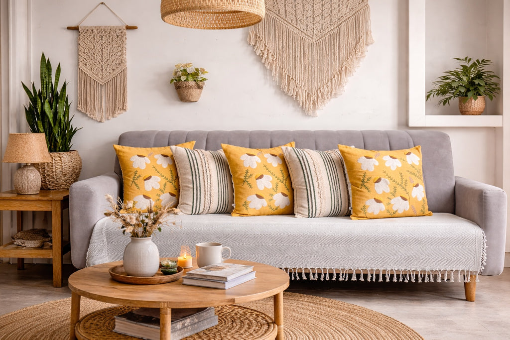 Living room with a gray sofa, yellow and patterned cushions, and decorative items.