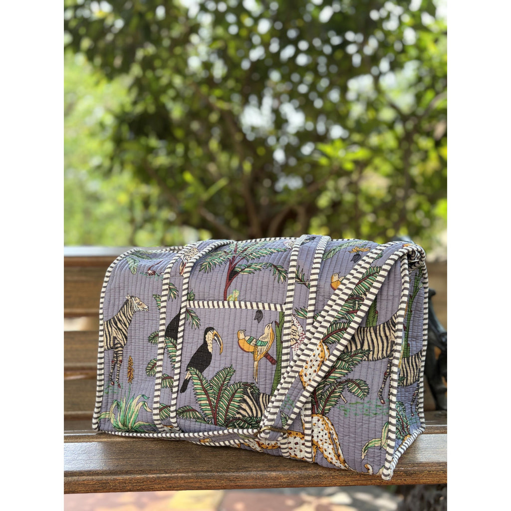 Urban Safari Edit  Block Print Quilted  Cotton Weekender Duffle Bag with Sling Belt Light Blue 18'x18"