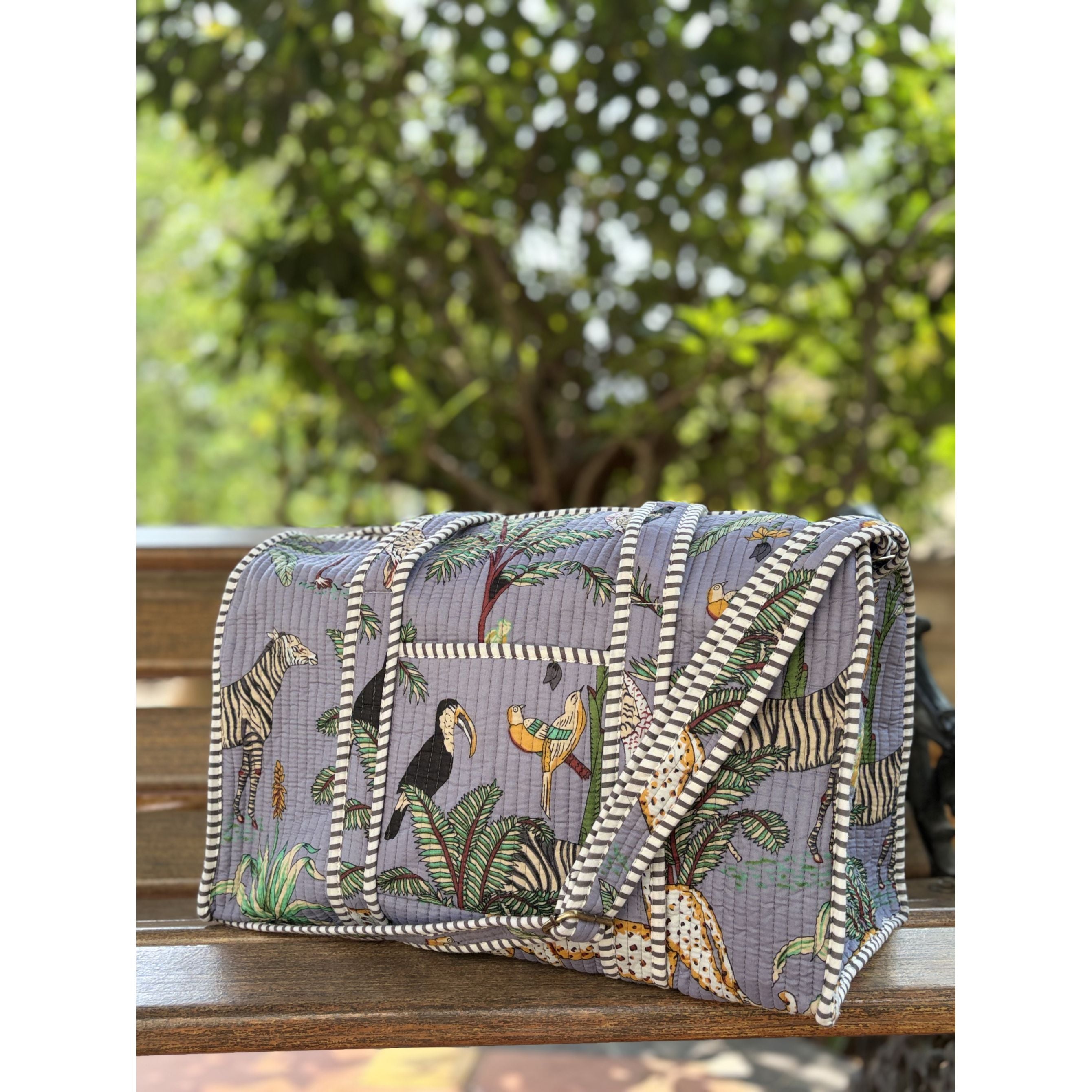 Urban Safari Edit  Block Print Quilted  Cotton Weekender Duffle Bag with Sling Belt Light Blue 18'x18"