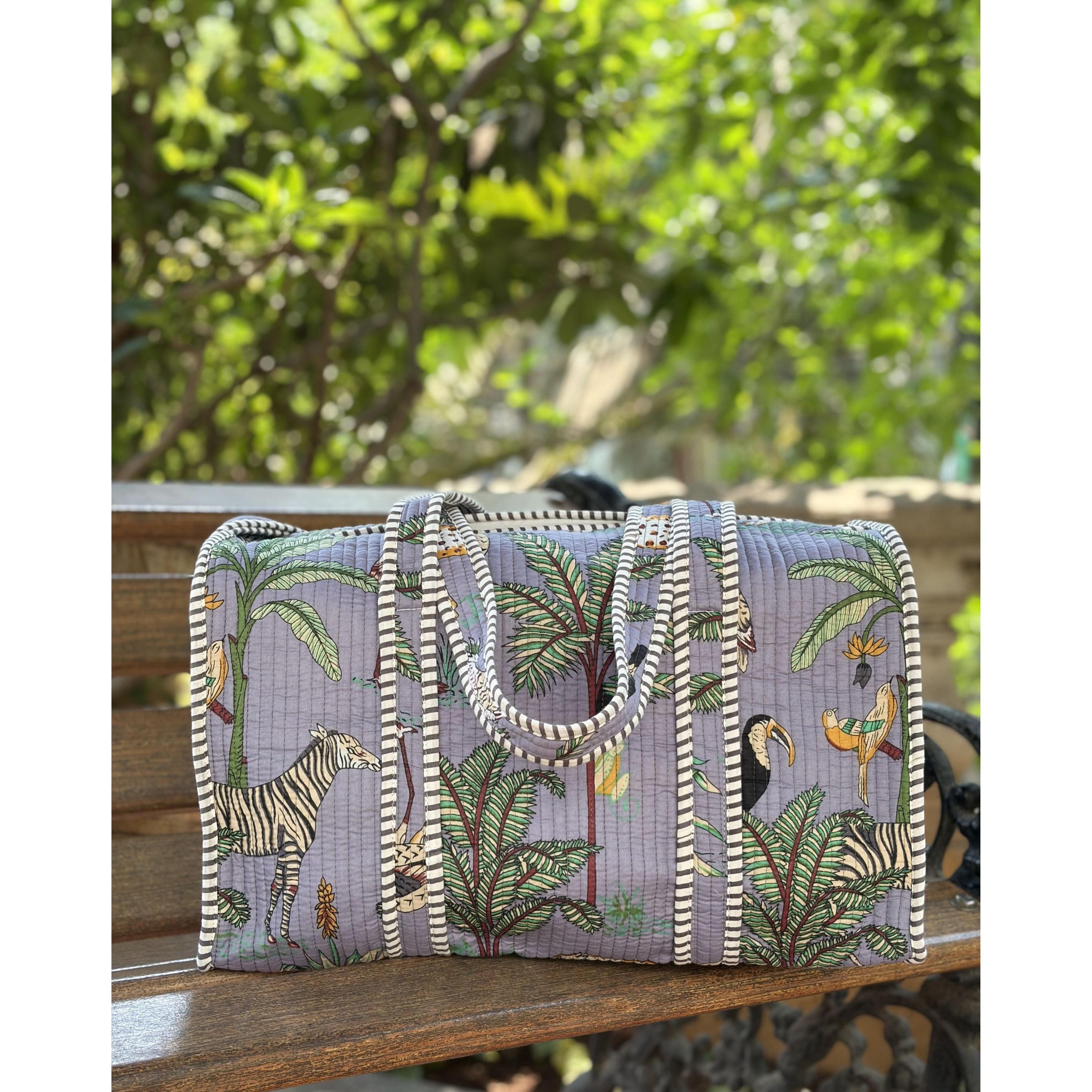 Urban Safari Edit  Block Print Quilted  Cotton Weekender Duffle Bag with Sling Belt Light Blue 18'x18"