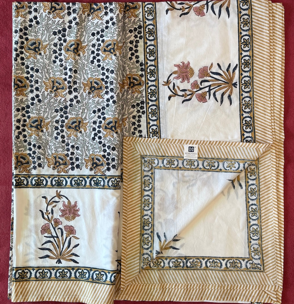 Hand Block Printed Velora Blue-Mustard Cotton Bedsheet King Size-90"x108"