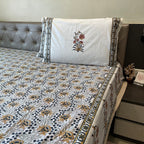 Hand Block Printed Velora Blue-Mustard Cotton Bedsheet King Size-90"x108"