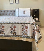 Hand Block Printed Velora Blue-Mustard Cotton Bedsheet King Size-90"x108"
