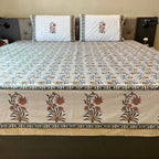 Hand Block Printed Velora Blue-Mustard Cotton Bedsheet King Size-90"x108"
