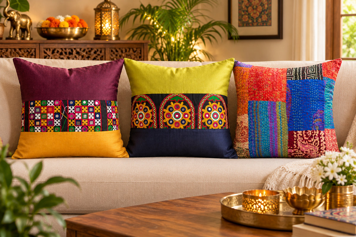 Cushion Cover 16 x 16 inches Handcrafted Festive Heritage Mirror-work and Embroidery Slub Silk