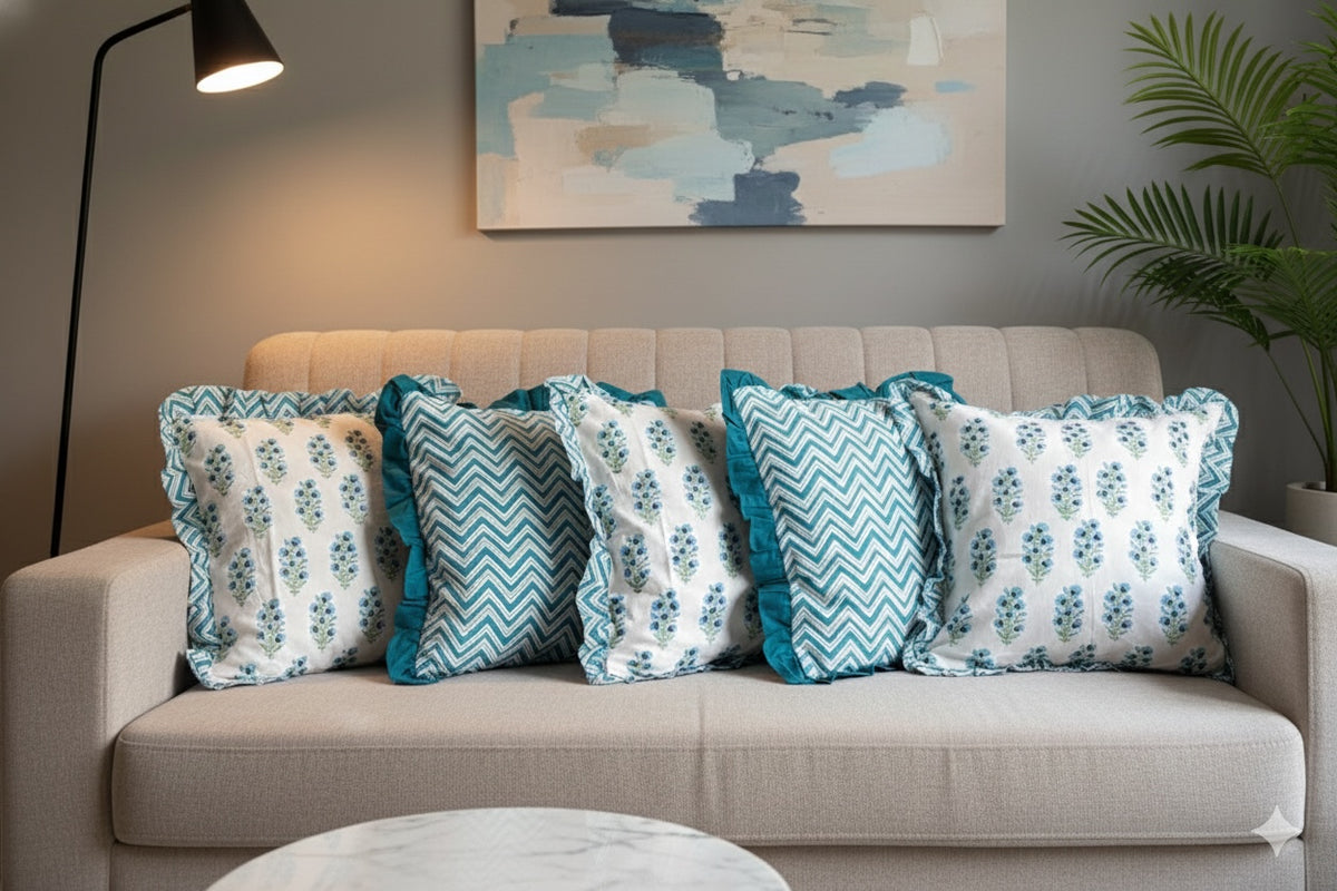 Jaipur Block Printed Frill Cotton Cushion Cover Blue Set of 5 16 x 16 inch