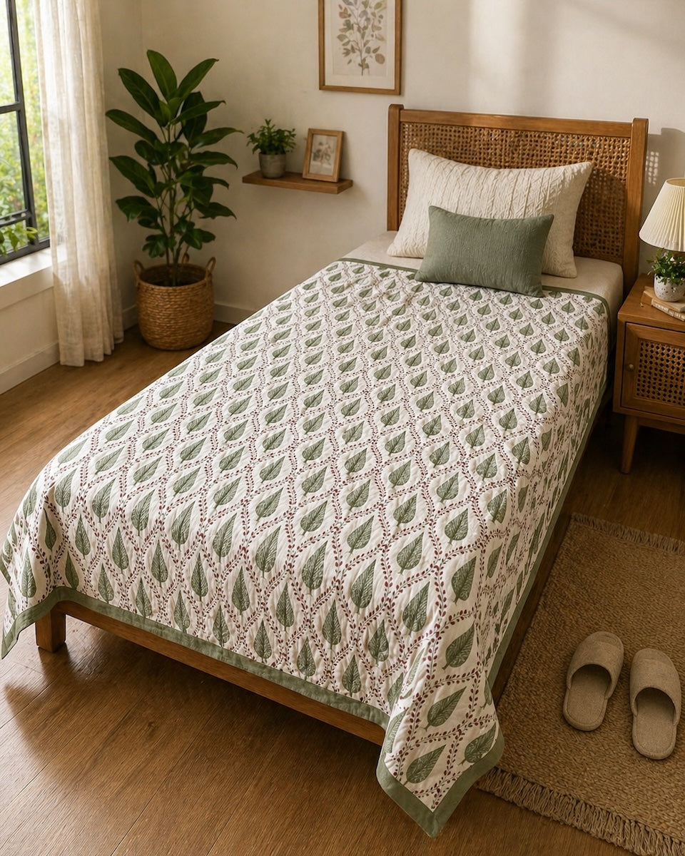 Vrinda Jaal Angan Jaipur Block Printed 100% Cotton Dohar Single Size White Green 60 x 90 inch