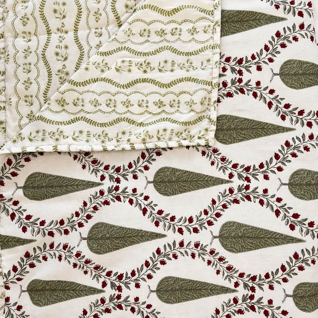Vrinda Jaal Angan Jaipur Block Printed 100% Cotton Dohar Single Size White Green 60 x 90 inch
